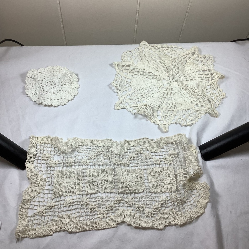 Lot 3 Hand Crocheted Doilies & Runner White Lace Cottagecore Decor‎